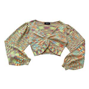 Fab'rik Balloon Sleeve Knit Striped Sweater Crop Top Women's Medium Twist Front
